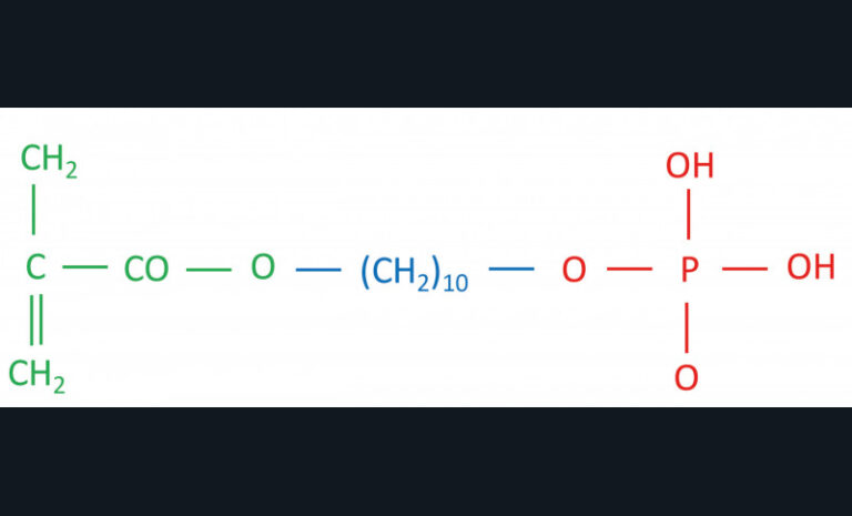 10. Formule chimique du monomère fonctionnel 10-MDP (partie rouge : groupement fonctionnel phosphate ; partie bleue : groupement espaceur, partie verte : groupement méthacrylate).