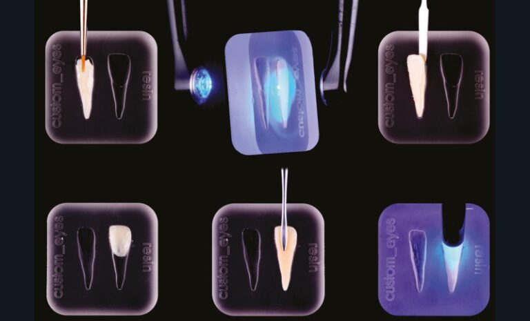 b. Pas à pas de la fabrication du teintier personnalisé Custome_Eyes2.0. Un nombre d’étapes réduit permet d’aboutir à un échantillon dentinaire (voir fig. 23a), la photopolymérisation sur les deux faces du moule assure une prise totale et rapide du matériau. L’échantillon dentinaire est secondairement associé à une masse émail (voir fig. 23b).