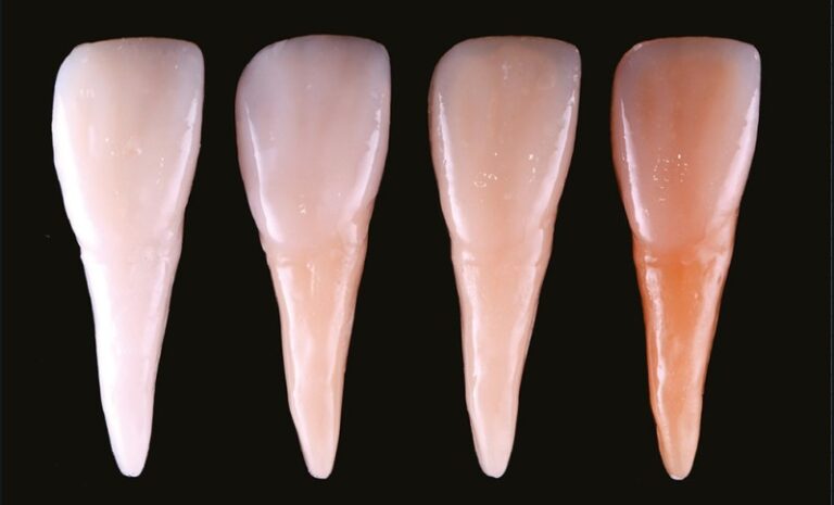 b. Échantillons dentine + émail issus du Custom_Eyes2.0, Light Dentin/Light Enamel, Medium Dentin / Light Enamel, Medium Dentin / Dark Enamel et Dark Dentin / Dark Enamel.