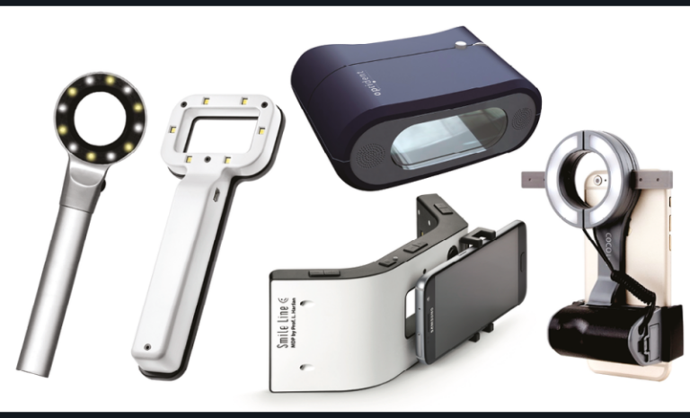 6. Dispositifs portatifs « Lumière du jour » (de gauche à droite) : Rite lite2TM (AdDent), Smile Lite® and Smile Lite MDP® (Smile Line), Optilume® Trueshade (Optident), Coco Lux (Hass Corp.).